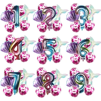 Sereia Festa de Aniversário, Decoração com balões Número de Decoração de Balão 1 2 3 4 5 6 7 8 9 anos as crianças da Festa de Aniversário de Suprimentos de Balão