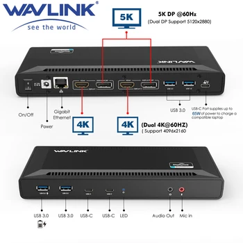 USB C Universal Estação de Ancoragem 5K USB-C Gen1 Dupla 4K Display HD HDMI Compatível com o fornecimento de Energia USB 3.0 Gigabit Ethernet Wavlink